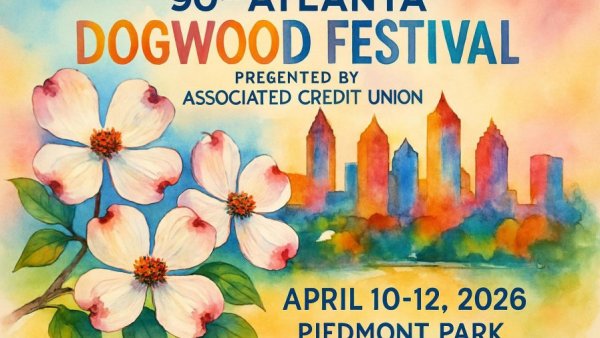 Artistic poster for 90th Atlanta Dogwood Festival highlighting free events.