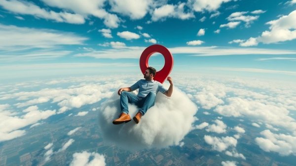 AI super app features location sharing concept with a person sitting on a cloud next to a pin icon.