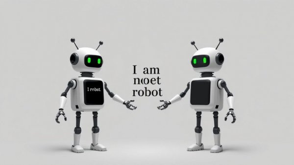 Creative illustration of robots holding hands with 'I am not a robot' sign.