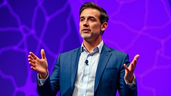 Speaker in blue suit presenting in front of a vibrant purple backdrop, future technology theme.