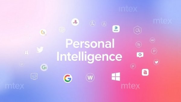 Personal Intelligence text with Google logos on gradient background, minimalist.