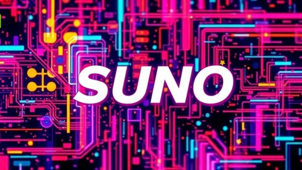 Vibrant glitch art with 'SUNO' text, representing AI music copyright