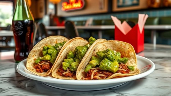 Three tacos with guacamole on a table with a soda bottle.