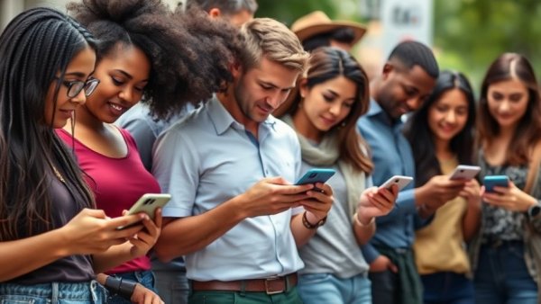 Diverse group using friendship apps on smartphones outdoors.