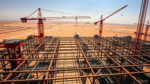 Large construction site depicting data center threats with cranes and steel framework.