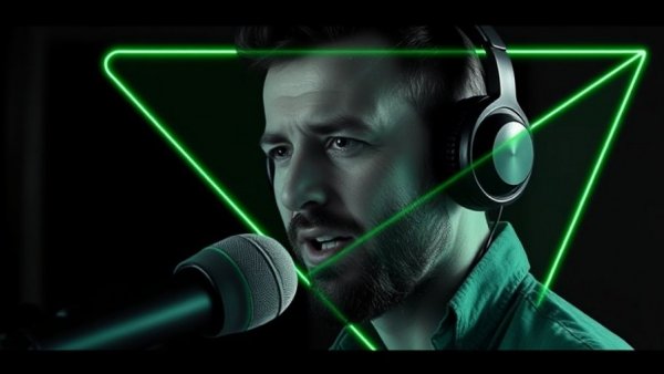 Monochrome portrait with geometric shapes, man with headphones speaking.