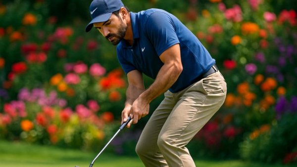 Georgia Bulldogs Golf player putting on a sunny course with flowers.