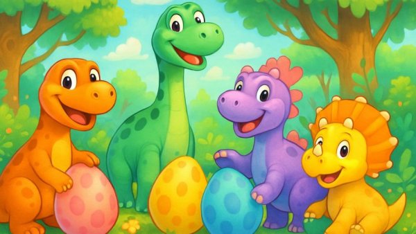 Dino Egg Hunt event poster featuring cartoon dinosaurs and eggs.