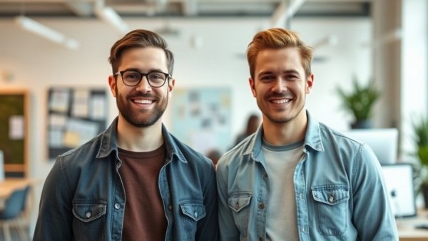 Two men smiling in a modern office environment, relevant to open source AI models.