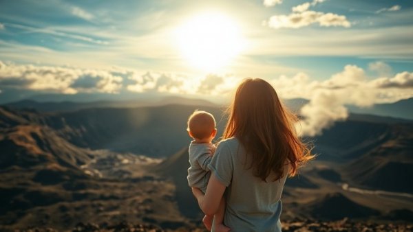 Woman and child at Hawai’i Volcanoes National Park with crater view