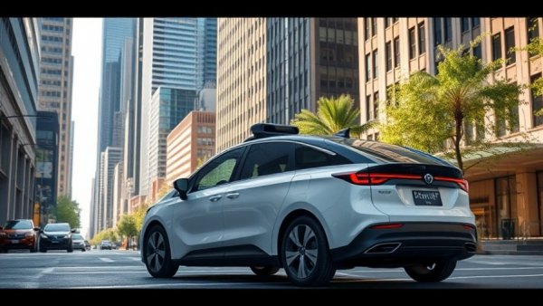 Autonomous vehicle parked on an urban street with skyscrapers.