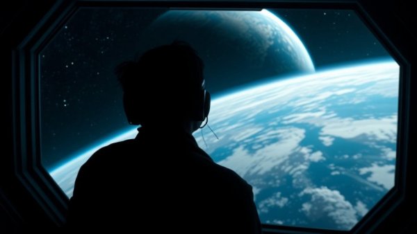 Person silhouetted against space viewing Earth from spacecraft.