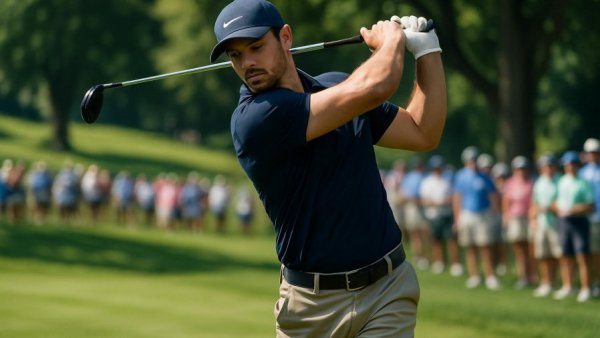 Georgia golfers at the Masters, male golfer mid-swing on lush course.