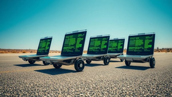 Futuristic laptops with wheels displaying code, promoting AI coding tools.