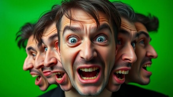 Man with multiple faces illustrating AI art ethics and creativity.