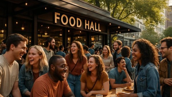 Busy outdoor scene at an Atlanta food hall with people dining.