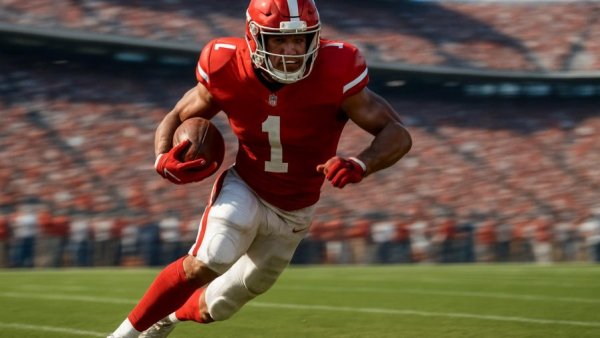 Football player running on field, Dawg Sports on the Radio event.