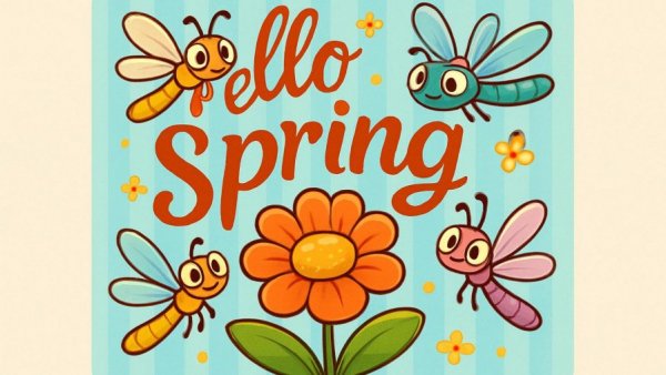 Hello Spring card with dragonflies and flower, perfect for Atlanta free events.