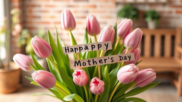 Celebratory tulips and Mother's Day banner in warm setting