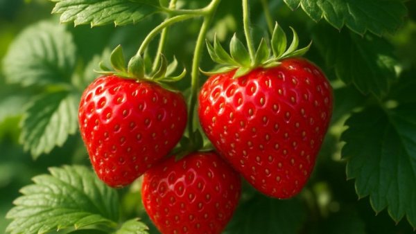 Vivid strawberries on vines at Atlanta strawberry festivals.