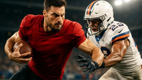 Colbie Young in action, dodging opponent, football game scene.