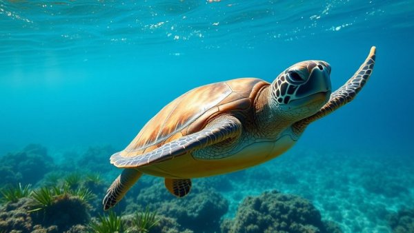 Sea turtle swimming over a sunlit seabed, Nashville Zoo events focus.