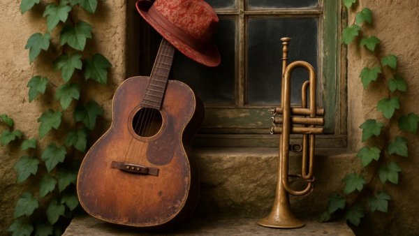 Guitar and trumpet on old step beside rustic window for Atlanta free events.