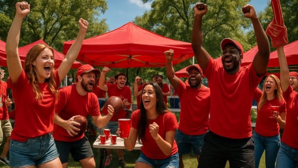 Ultimate tailgate mix at college football game with red tents.