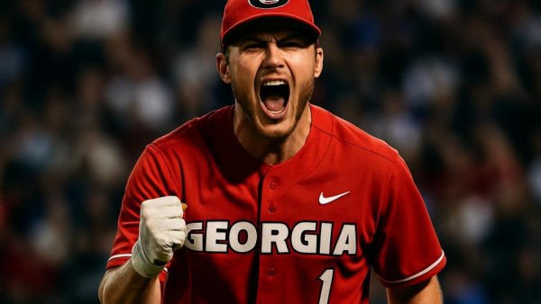 Georgia Diamond Dawgs player celebrates during a game, wearing red uniform.