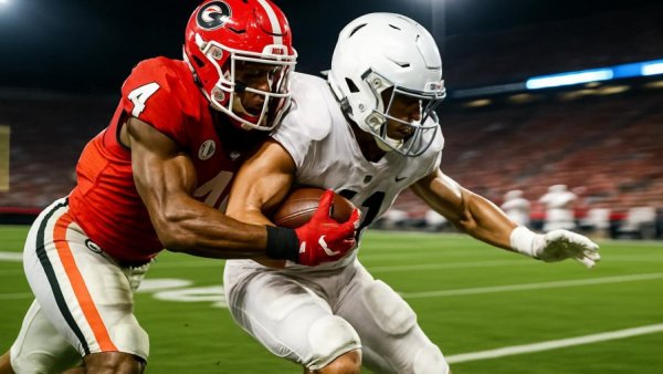 Greatest Georgia Bulldog player tackling an opponent in an intense game.