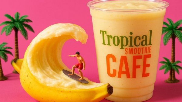 Creative banana surfer next to smoothie cafe logo on vibrant backdrop.