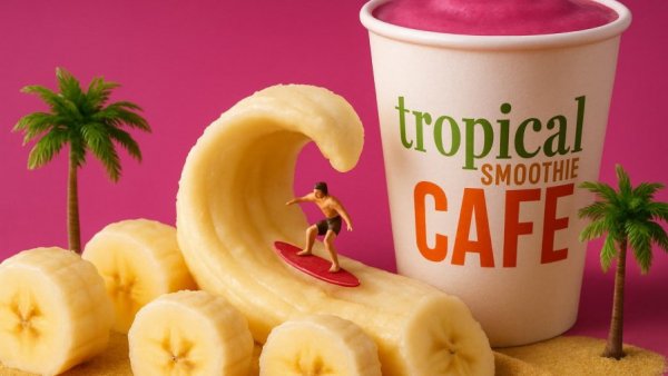 Whimsical banana surfing scene with smoothie cup.