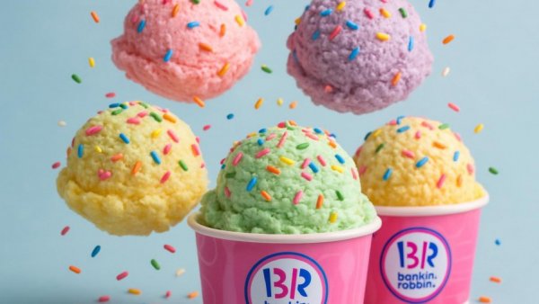 Baskin-Robbins ice cream scoops with sprinkles and pink cups.