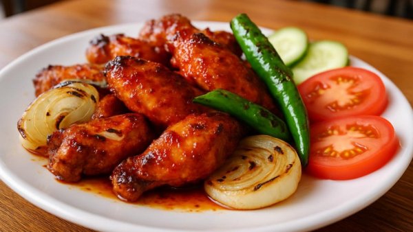 Spicy glazed chicken wings with vegetables on a plate in Atlanta.