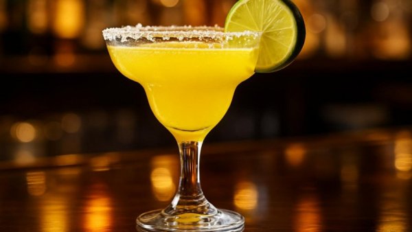 Atlanta margaritas served on bar with lime garnish.