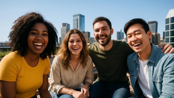 Friends enjoying Atlanta rooftop dining with city skyline.