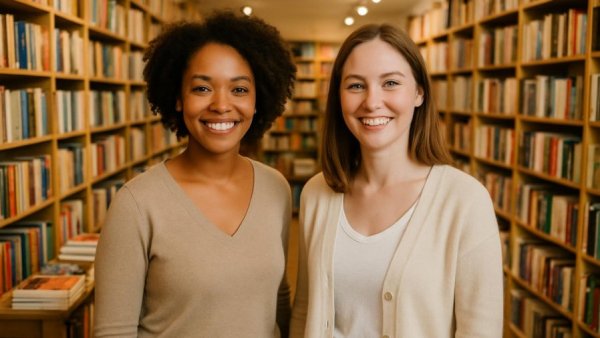 Cozy Atlanta independent bookstore with two smiling women inside.