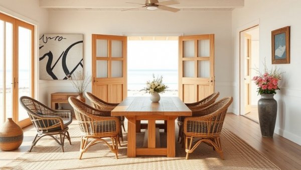 Inviting beach home interior design with wicker details and rustic art.