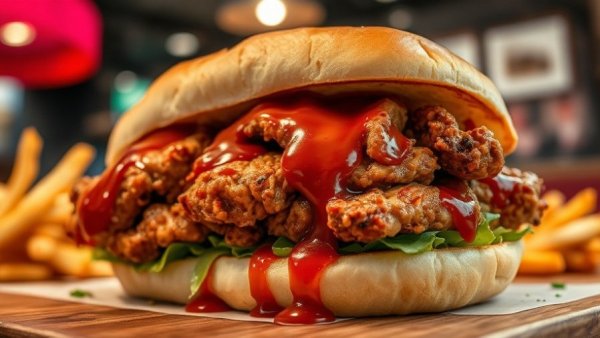 Gourmet chicken sandwich in a retro beach restaurant setting.