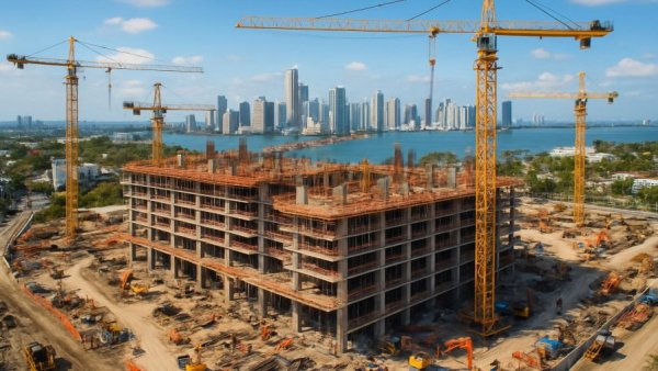 Bright aerial view of Miami hotel construction expansion site.