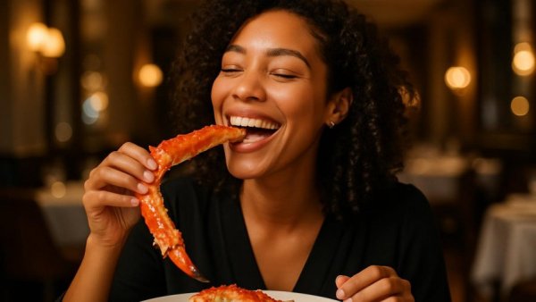 Woman enjoying seafood at Truluck's, showcasing year-round seafood delights.