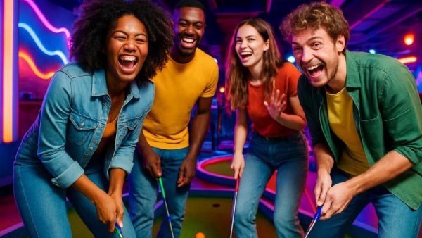 Vibrant setting of friends playing mini-golf; Nashville restaurants guide.