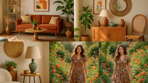 Collage of Marquet home decor and woman in garden on Magazine Street.