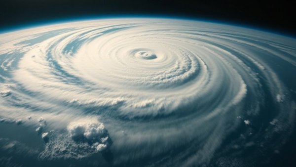 Satellite view of 2026 hurricane storm, swirling over Caribbean.