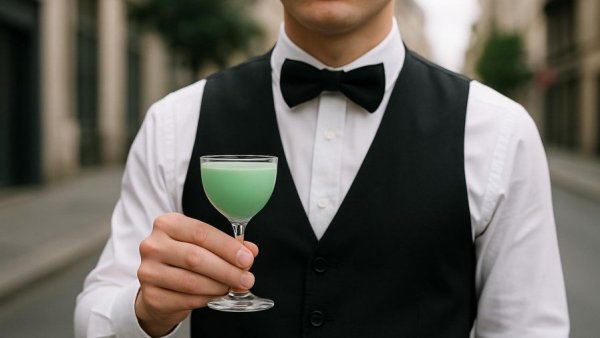 Waiter with Grasshopper Cocktail in New Orleans street.