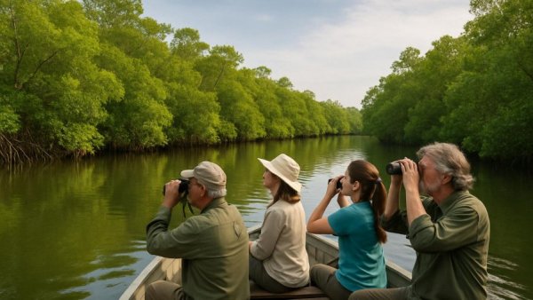 Tourists birdwatching by mangroves in Miami summer.