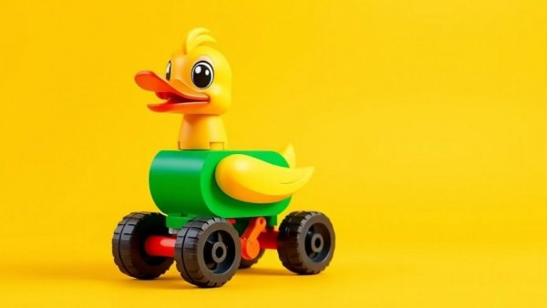 Colorful LEGO duck against a vibrant yellow background, budget-friendly events in Charlotte NC.