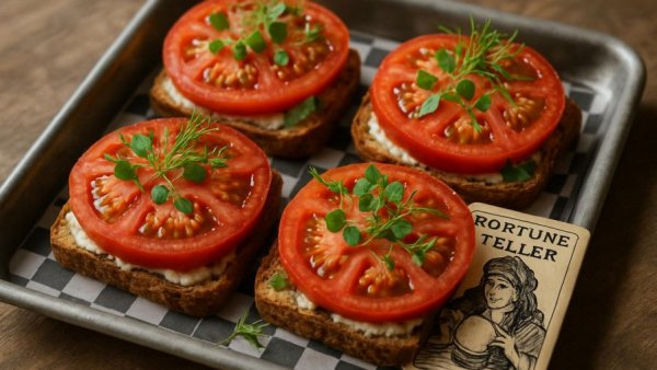 Creole Tomato Season New Orleans: Sandwiches with dill on tray with card
