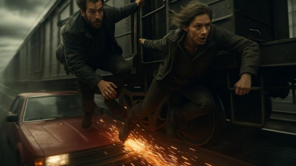 Action scene from Disclosure Day film with characters escaping on a train.