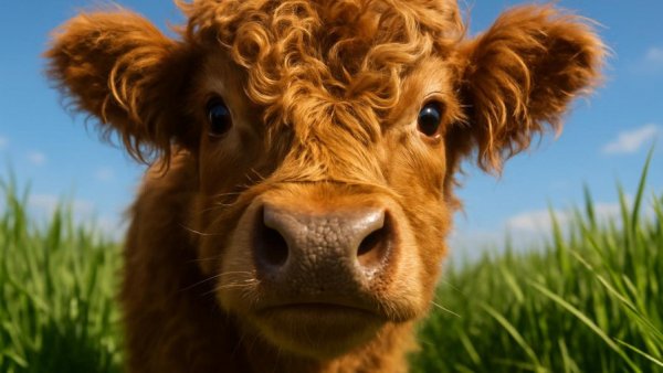 Fluffy cow therapy in Louisiana with a close-up view of a cow's face.
